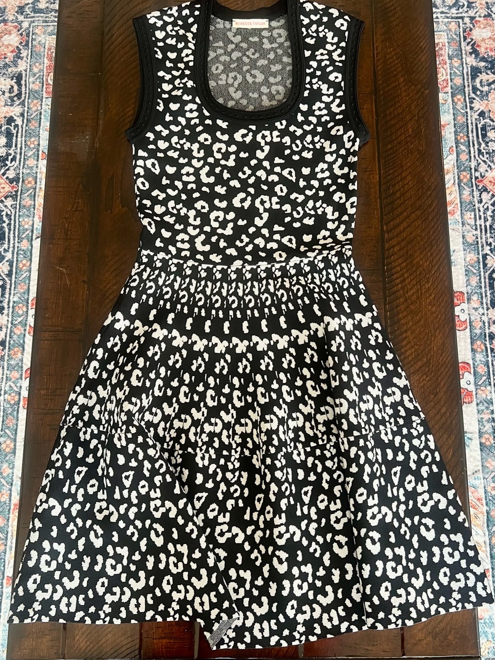 Rebecca Taylor Leopard Jacquard Knit Fit & Flare Dress S Black White